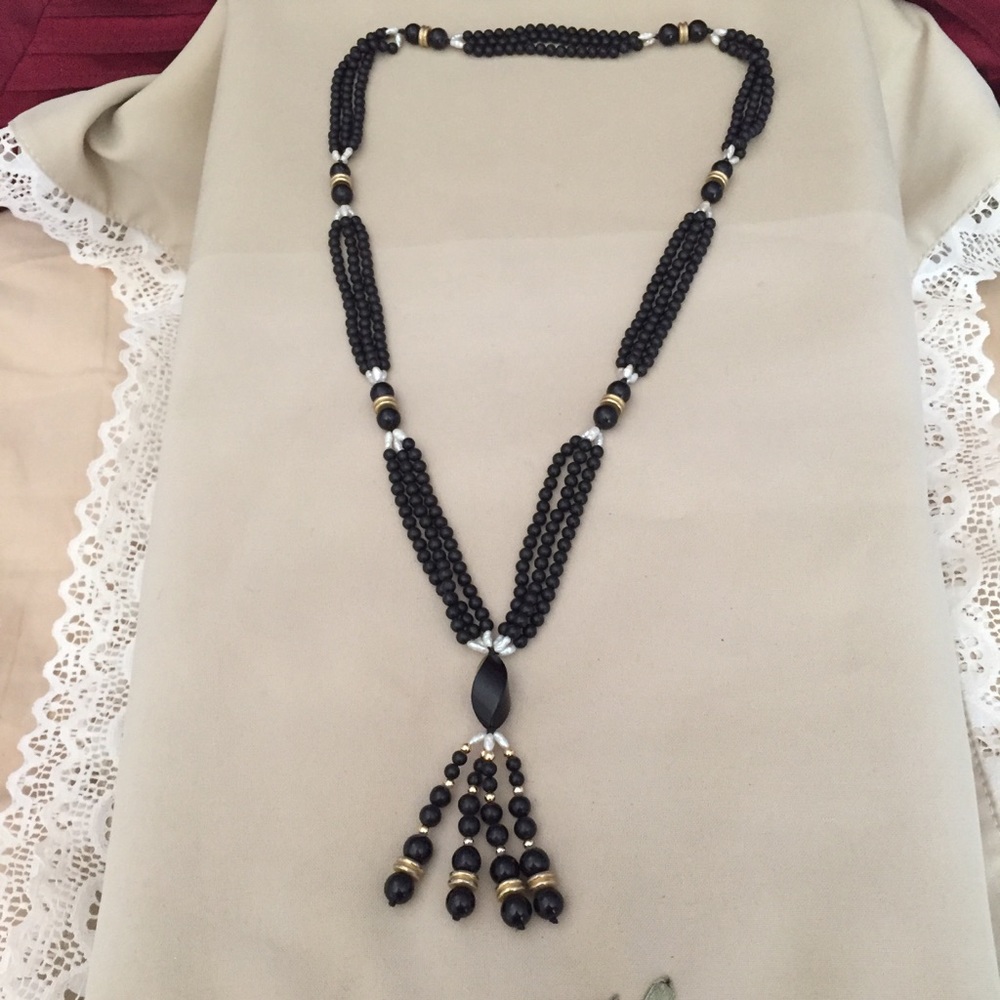 ANTIQUE RARE NECKLACE WITH REAL ONYX/PEARLS/GOLD